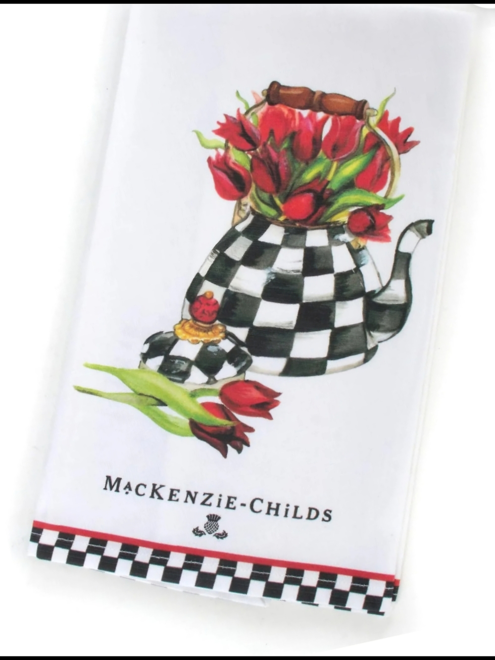 Mackenzie-Childs Tulip Tea Kettle Dish Towel With Courtly Check NIP